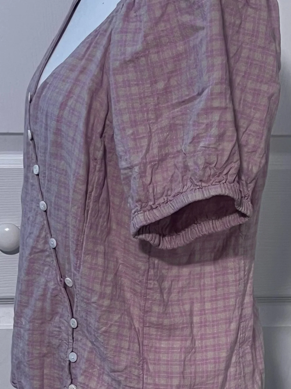 Madewell Lavender Plaid Linen-Blend Puff-Sleeve Button-Wrap Top